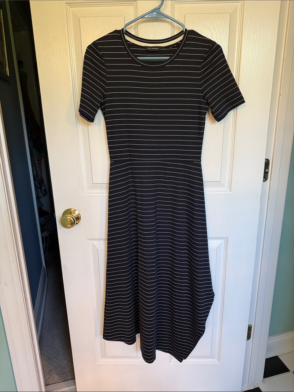 Club Monaco Ponte Knit Dress with White Pinstripes Asymmetrical Hem